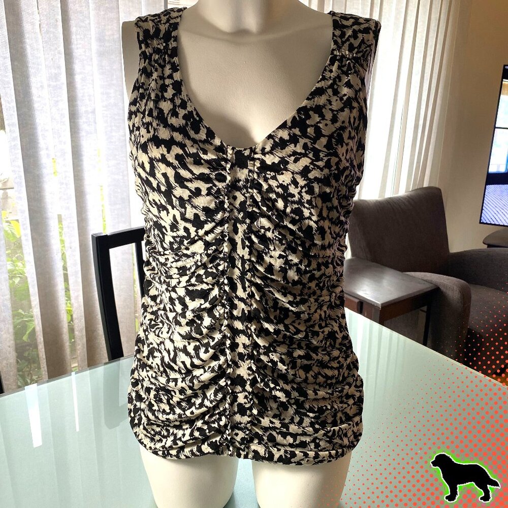 Halogen Black and White Printed Sleeveless Top Size M Medium Ruched Like NEW